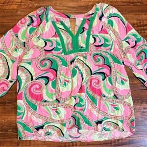 Crown & Ivy Boho Pink Green Top 3/4 Sleeve V-Neck Shirt Size Medium